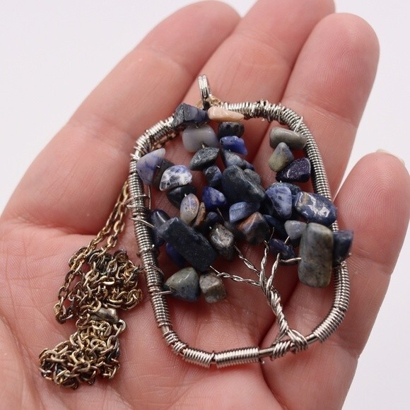 Dark Blue Stone Tree of Life Pendant Necklace Handmade Artisan Beaded Jewelry - Picture 3 of 5